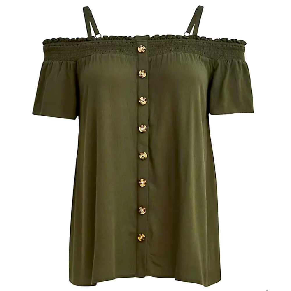 Torrid Smocked Cold-Shoulder Blouse Gauze Olive Green NWT